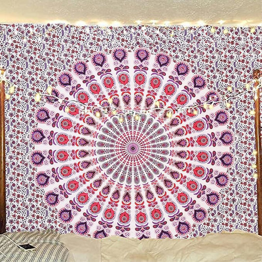 bless international handmade indian hippie bohemian psychedelic peacock mandala wall hanging college dorm beach throws table cloth bedding tapestry (pink blue, king(88x104inches)(225x265cms))