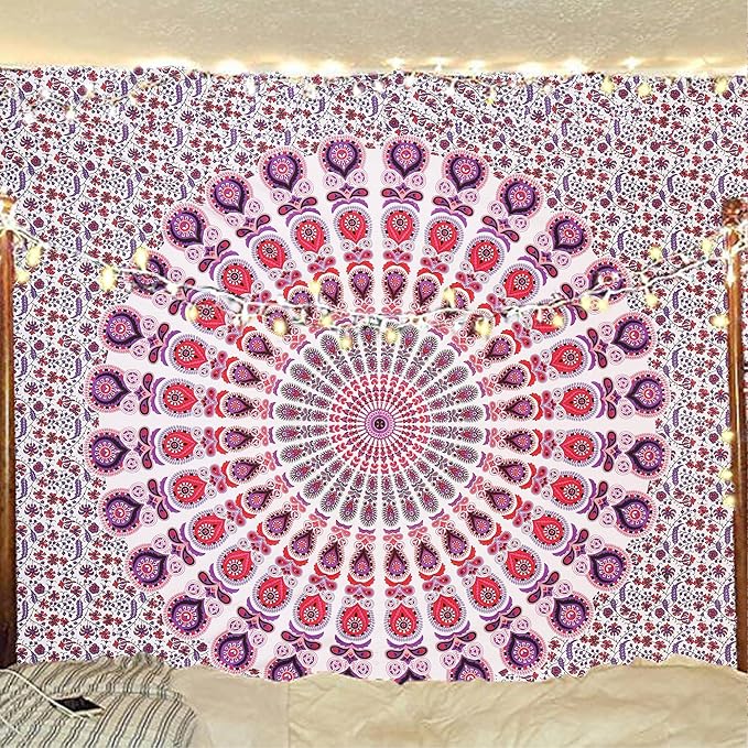 bless international handmade indian hippie bohemian psychedelic peacock mandala wall hanging college dorm beach throws table cloth bedding tapestry (pink blue, queen(84x90inches)(215x230cms))