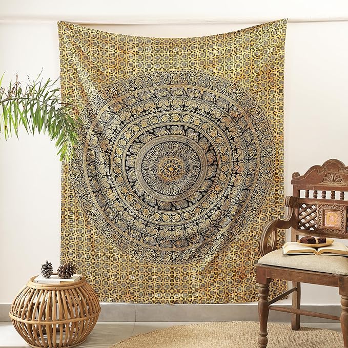 popular handicrafts mandala hippie tie dye psychedelic elephant tapestry wall hanging - indian maditation gypsy bohemian hippy dorm room decor yellow 60x54 inch