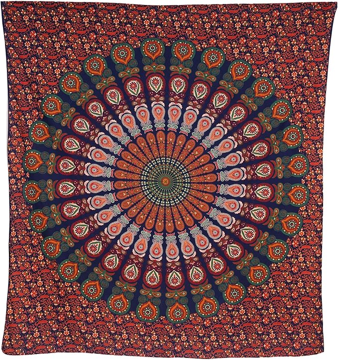 bless international handmade indian hippie bohemian psychedelic peacock mandala wall hanging college dorm beach throws table cloth bedding tapestry (golden red green, king(88x104inches)(225x265cms))