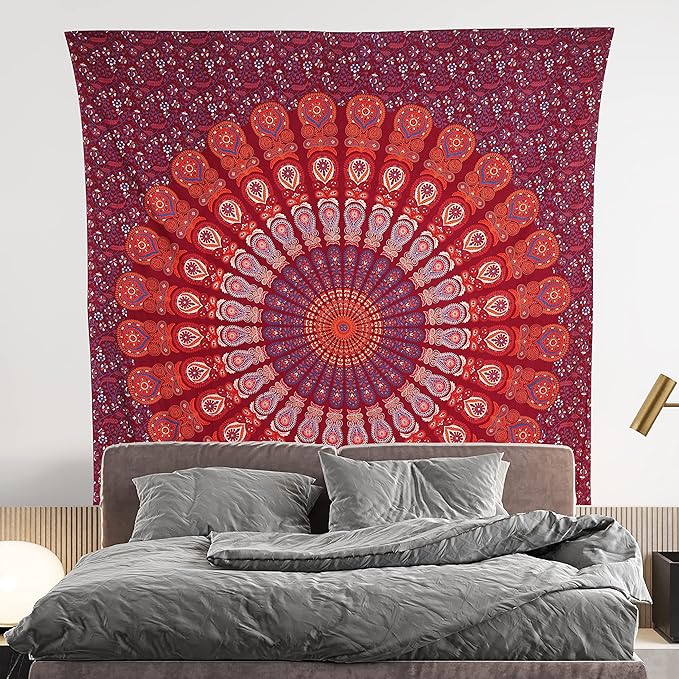 bless international handmade indian hippie bohemian psychedelic peacock mandala wall hanging college dorm beach throws table cloth bedding tapestry (blue red, queen(84x90inches)(215x230cms))