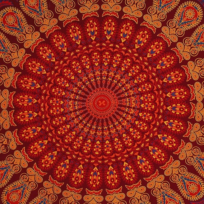 bless international indian hippie bohemian psychedelic golden blue peacock mandala wall hanging bedding tapestry (golden brown maroon, medium (54x60inches)(137x152cms))