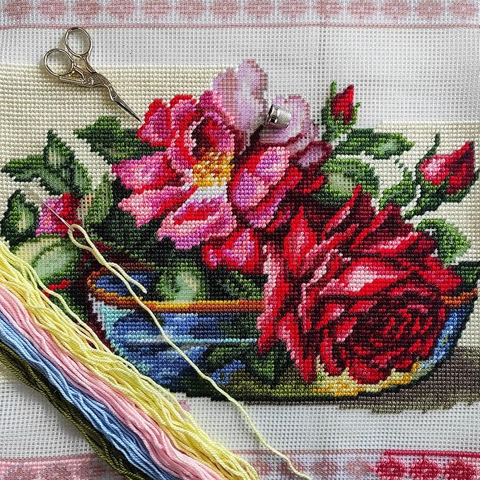 Brvsk Still Life Embroidery Kit for Adults and Beginners — Enchanting Roses 16″ × 16″ with Clear, Precise Printed Design on Cotton Canvas; Includes 2 Needles, Yarn, and Easy-Read Chart