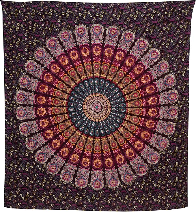 bless international handmade indian hippie bohemian psychedelic peacock mandala wall hanging college dorm beach throws table cloth bedding tapestry (golden pink blue, queen(84x90inches)(215x230cms))