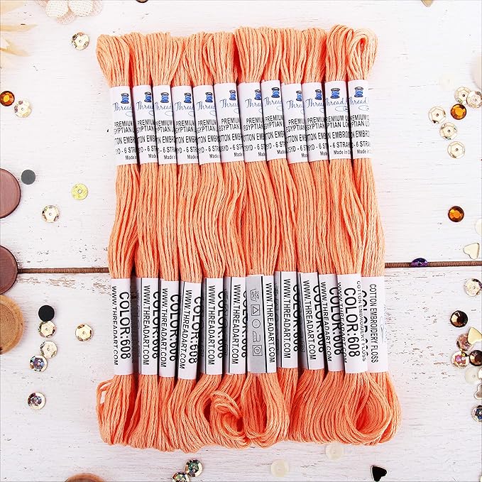 12 Skeins ThreadArt Premium Egyptian Long Fiber Cotton Embroidery Floss | Melon | 6 Strand Divisible Thread 8.75yds Each for Hand Embroidery, Friendship Bracelets, Cross Stitch and Crafts