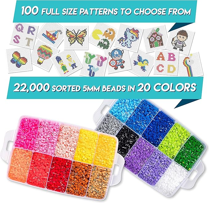 xxl fuse beads kit, melty melting beads for kids crafts | iron for kids kit - fuse pegboards. compatible bulk beados storage - 22000pcs 5mm
