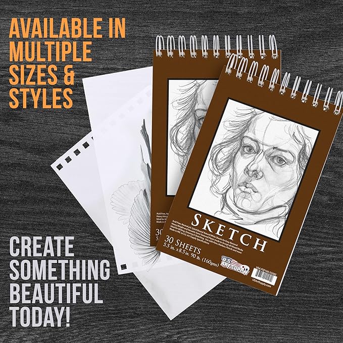 u.s. art supply 5.5”x8.5 premium heavy-weight paper spiral bound sketch book: 90 pound (160gsm), 30-sheet drawing pad (2 pack)